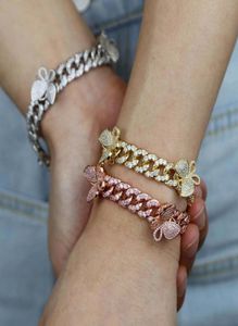10mm Pink Miami Cuban Link Bracelet With Butterfly Bling Women Jewelry Zircon Hip Hop Chain Bangle8071338