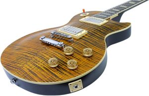 Anpassad butik Joe Perry 1959 R9 Vos Black Yellow Tiger Flame Maple Top Elektrisk gitarrgul Trapezoid Mop Inlay Tuilp Tuners Dro9071291