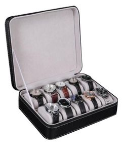 10 Slot Watch Box Storage Boxes Display Case Jewelry Organizer with 10 Removable Watch Pillow Velvet Lining Zipper Closure Synthet3542778