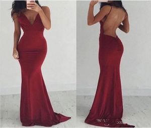 Elegant Red Open Back Formal Prom Dresses 2018 Mermaid Spaghetti Straps V Neck Long Stretch Party Gowns 2017 Evening Dress2513110