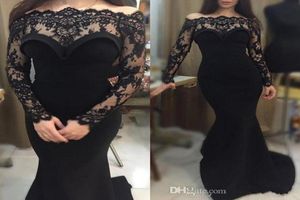 Elegant Black Prom Dresses Off The Shoulder Lace Sheer Long Sleeves Mermaid Formal Women Party Dresses 2016 Sexy Evening Gowns1444842