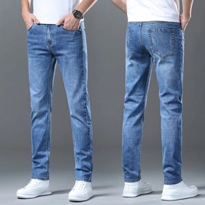 2024 Summer Mens Высококачественные тонкие синие джинсы классический стиль бизнес -стиль Business Strate растягивание джинсовые штаны мужской брюки 240408