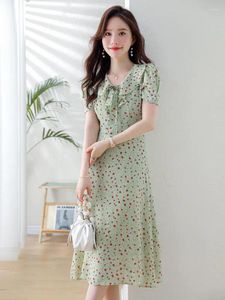 Vestidos de festa Summer Ruffles Lace Up Dress Long Dress Green Floral Print Elegante Manga curta Mulheres de fada Sweet Clothing 2024