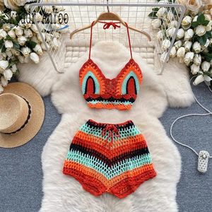 Women's Tracksuits Boho Beach Holiday Vintage Sets For Women 2 Pieces Halter Sexy Camis And Drawstring Shorts Knitted Two Suits