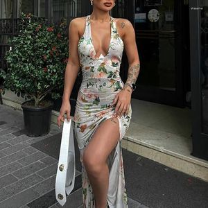 Casual Dresses Lady Halter Lace-up High Waist Party Dress Sexy Floral Print Deep V Neck Long Elegant Cross Backless Split Slim