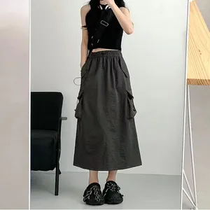 Kjolar Dayifun-Lady Mid Length Work Dress Women's Clothing High midja A-Line Pocket Panel Design Retro Gray Spring Summer 2024