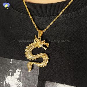 Collane a pendente collana in acciaio inossidabile catena di draghi hip hop per uomini zodiaco cinese zodiaco ghiacciato gioielli