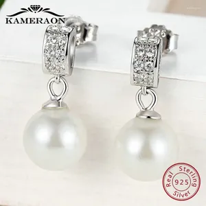 Dangle Earrings Women Elegant Round Shell Simulated-pearl 925 Sterling Silver Crystal Rhinestone Korean Drop Earring Wedding Party Gift