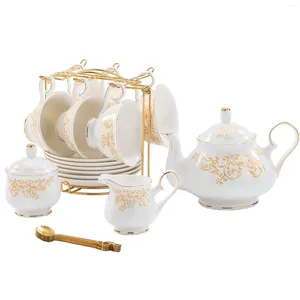 Чайные наборы 22 часа фарфоровых чайных чайных стаканов для блюдника для 6 чайных сахарных чаши для сливочного кувшина золотистого металлического стойки цветы цветы
