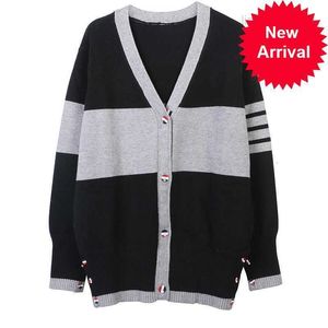 10A Autumn/Winter New Womens Contrasting Striped V-Neck Long Sleeved Wide Hem Button Up Mid Length Tb Knitted Cardigan