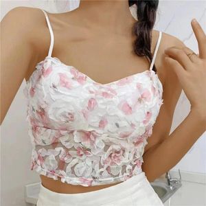 Camisoles & Tanks 2024 Summer Lace Crop Top Women Rose Floral Bra Mesh Tube Beauty Back Seamless Cami With Chest Pads Sexy Sweet Tank