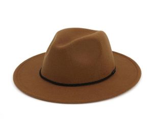 Mode vintage damer ull filt mens fedora trilby hatt helt enkelt flätat rep dekorerad panama platt brim jazz formella hattar5318960