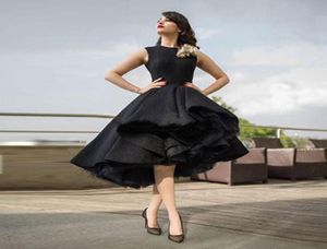 2016 Krikor Jabotian Black Dresses Jewell Lace Tea Length Satin Ruffles Ball Gown PROMドレス高スカートパーティードレス7301571