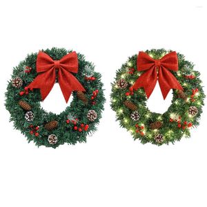 Decorative Flowers Christmas Door Decor Wreaths Realistic 40CM Ornaments Versatile Plastic With Red Bow Light Up For Front Wall Window