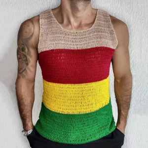 Herren -Tanktops Häkeltop mit farbenfrohen Streifen Kontrast Farbe Dicker Strickpullover Lässer ärmellose Pullover Weste Sommer