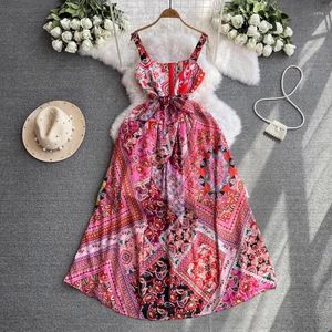 Vestidos casuais com estampa floral Spaghetti Strap for Women Lace-up Etnic Style Dress A-Line Long vestidos primavera 2024 gota