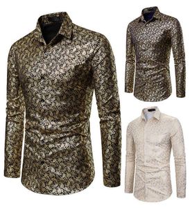 Men Hipster Luxury black gold Bronzing Printed Slim Long Sleeve Dress Shirt wedding Night club Hip hop party Singer stage Shirts7235865