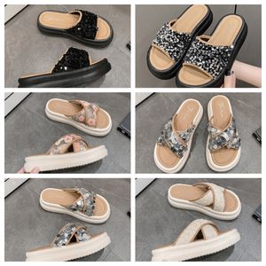2024 Thick soled cross strap cool slippers women black white Exquisite sequin sponge cake sole one line trendy slippers