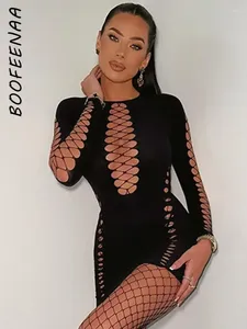 Lässige Kleider Boofeenaa Hollow out durch und durch Langarm verbinden sexy schwarze Nachtclub Outfis Bodycon Mini Kleid für Frauen C15-BF19