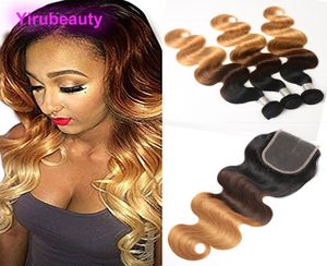 Malaysian Human Hair B427 Ombre Three Tones Bundles With 4X4 Lace Closure 4Pieceslot 1028 Inch3285970