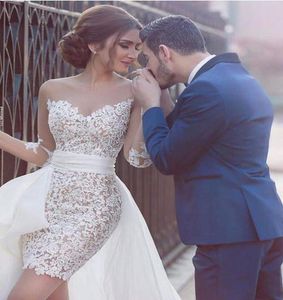 Abito da sposa corto 2016 Elegante guaina bianca illusione illusione maniche lunghe abiti da sposa da sposa abito da sposa staccabile abito ospite 4376488