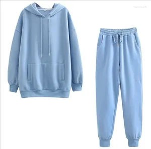 Women's Hoodies Women Causal Plain Loose 2 Pieces Drawstring Jogger Sweatpants Crop Thick Fleece Hoodie Two Piece Set