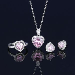 Hot Selling Pink Crystal Zircon Necklace Womens Set Fashion Love Ring Earrings Temu Jewelry Chain
