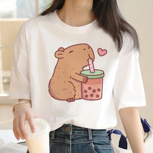 Capybara t shirt kvinnor trycker sommar vit topp bomull t -shirt grafisk tee vintage streetwear 90s plus size kvinnlig 240412