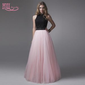 Chicing Light Pink Prom Dresses Cheap Black Top Jewel Neck Ruched Tulle Skirt Long Ladies Formal Evening Gowns Custom Sexy 20174063156