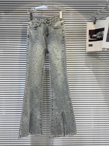 Kvinnors jeans high street est 2024 designer mode strass diamanter pärlor flare byxa