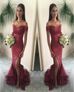 2020 Cranberry Mermaid Promowe sukienki z ramienia Split Front Sparling Cearling Evening Suknia Seksowna Burgundowa Zmęczone spódnice Tr6558737