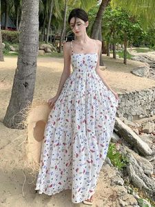 Casual Dresses Women Vintage White Print Elegant Backless Slip A-line Dress Summer Slim Vacation Evening Party Ruched Long Club 2024 Chic