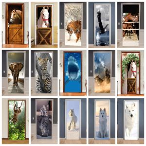 Klistermärken Creative Jungle Animal Door Stickers Självhäftande 3D Borttagbar dörr tapet väggmålningar Vinilos Para Puertas Door Renovering