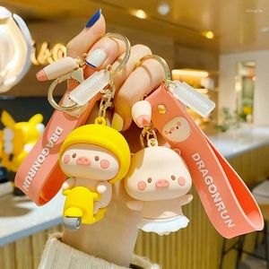 Hooks PVC Cartoon Pig Doll Metal Key Chain Kedja Pink Yellow Blue Trinket Girl Boy Pendant Car Ring Smycken Lanyard Gift