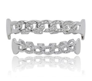 NEU Custom Fit vollständig CZ Cuban Fang Grillz Icedout Bling Hip Hop Zähne Grill Oberer unten Grillz Set Kette Vampire Grills4752227