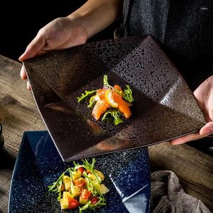 プレート日本の不規則なスクエアセラミックディナープレートスナックトレイレトログリッドブロックストレージ料理フルーツサラダキッチン食器