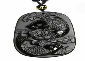 Natural Obsidian Pisces Lotus Fish Koi Necklace Amulet Pendant With Bead Chain7522074