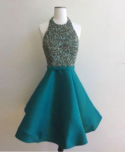 Green Short Prom Dresses Sexy Halter Neck Sequins Beaded Cheap Black Girl Homecoming Gown Sweet High School Plus Size Tulle Mini P9772590