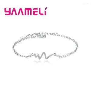 Charm Bracelets Top-Grade 925 Sterling Silver Heartbeat Rhythm Shaped Thin Chain With Crystals For Women Daily Accessories