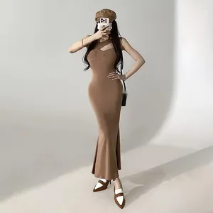 Sıradan Elbiseler Kızın Womengaga Baharatlı Göğüs Fold Strap Elbise Kadınlar Yaz Seksi Sarılı Kalça Kalça Balıkkası Uzun Kaçakoz Dress7mhe