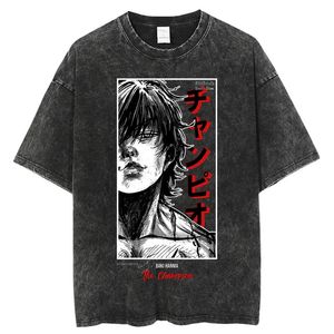 Tamas lavadas de algodão solto de verão Tees Anime Imprimir camiseta masculina de rua vintage Camiseta preta Harajuku T-shirt de grandes dimensões 240412