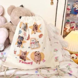 Backpack Korean Kawaii Animal Printed Canvas Bag Y2K Fashion Casual DriveString Bookbag 2024 Summer School for Girls