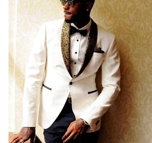 White Formal Wedding Tuxedos Two Piece Gold Shawl Lapel Custom Made Trim Fit Men Suits Jacket Pants1917772