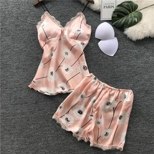 Home Clothing Satin Sleepwear Women Sexy Pajamas Flower Printed Sleep Lounge For With Chest Pads Pyjama Femme Pijama