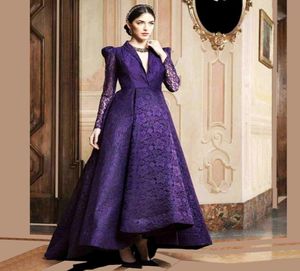 Elegant Purple Long Sleeve Lace Evening Dresses 2017 V Neck Saudi Arabic Formal Dress Backless High Low Special Occasion Gowns5351701