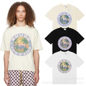 Meichao RH High Street Lake Coconut Tree Landscape Printing Pure Cotton Leisure Short sleeved T-shirt for Men and Women