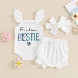 Kläderuppsättningar Söta födda babyflickor Shorts Set Outfits Little Clothes Sleeve Letters Print Romper Hairband Kids Outfit