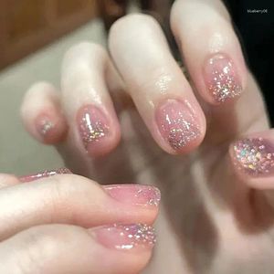 False unhas 24 PCs Glitter minimalista francês curto com 1 gel de geléia e arquivo de unhas