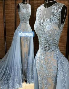 2019 Abiti da sera Elie Saab Abiti staccabili overkirt Deep V Neck Illusion Bluegray perle Appliques in pizzo Tulle Celebrity PR9517097