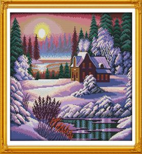 Dusk snowcovered landscape winter decor painting Handmade Cross Stitch Embroidery Needlework sets counted print on canvas DMC 143665344